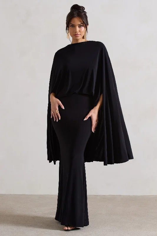 Little Black Women Dress with Sequins for a Glamorous Night OutCharmaine | Black High-Neck Maxi Dress With Cape