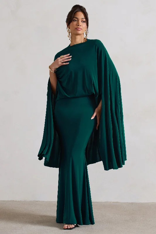 Lace - Embellished Women Dress for an Elegant and Sophisticated AppearanceCharmaine | Bottle Green High-Neck Maxi Dress With Cape