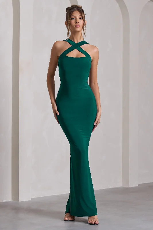 Ball Gown Women Dress with a Full Skirt for a Princess - like LookCross My Heart | Bottle Green Sleeveless Cross-Neck Maxi Dress