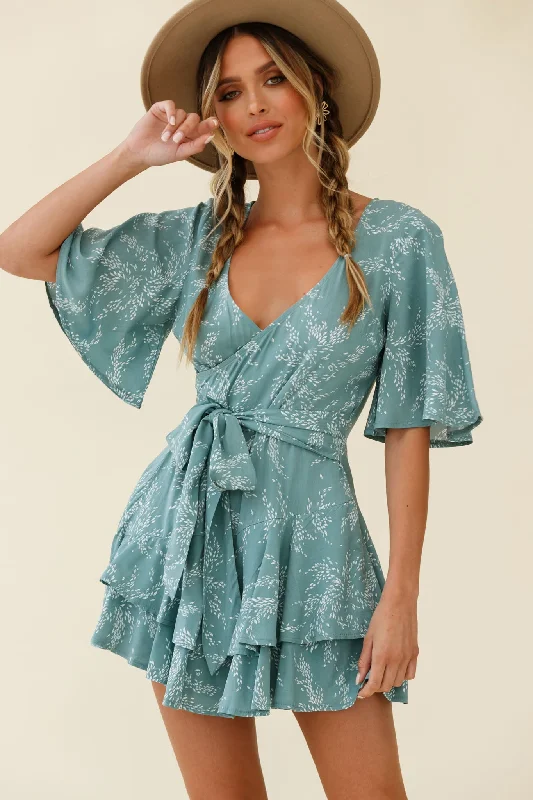 Strapless Women Dress with a Built - in Bra for Comfort and SupportDavina Angel Sleeve Cut-Out Back Romper Leaf Print Sage