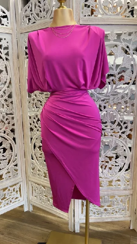 Strapless Women Dress with a Built - in Bra for Comfort and SupportDraped Magenta Midi Dress- Stretchy