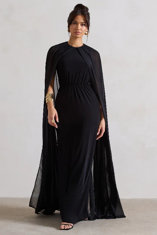 Mini Women Dress with a Short Hem for a Young and Trendy StyleEnvy | Black Gathered Maxi Dress With Chiffon Cape