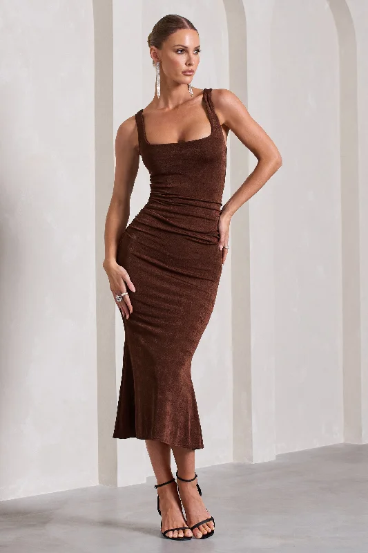 Ball Gown Women Dress with a Full Skirt for a Princess - like LookEvora | Chocolate Ruched Square-Neck Fishtail Midi Dress