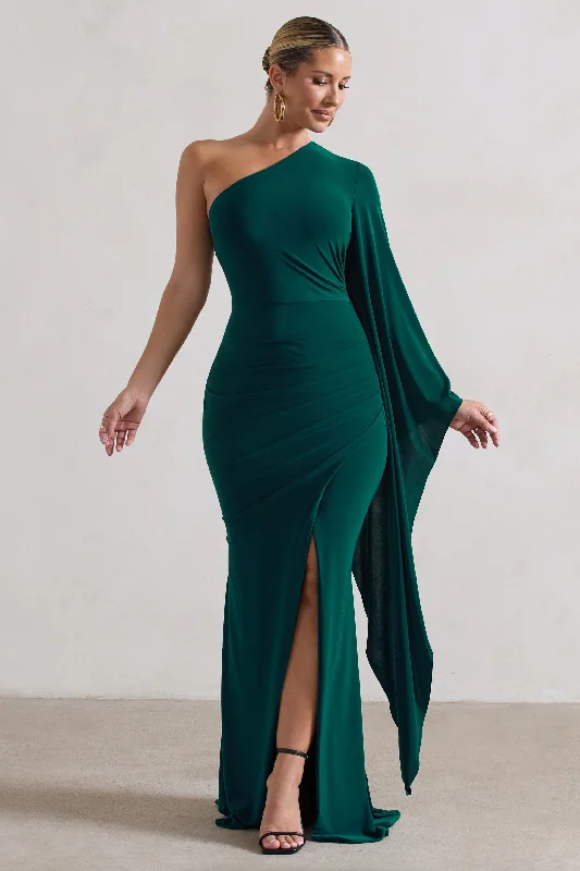 Lace - Embellished Women Dress for an Elegant and Sophisticated AppearanceGiada | Bottle Green Ruched One Shoulder Cape Sleeve Maxi Dress