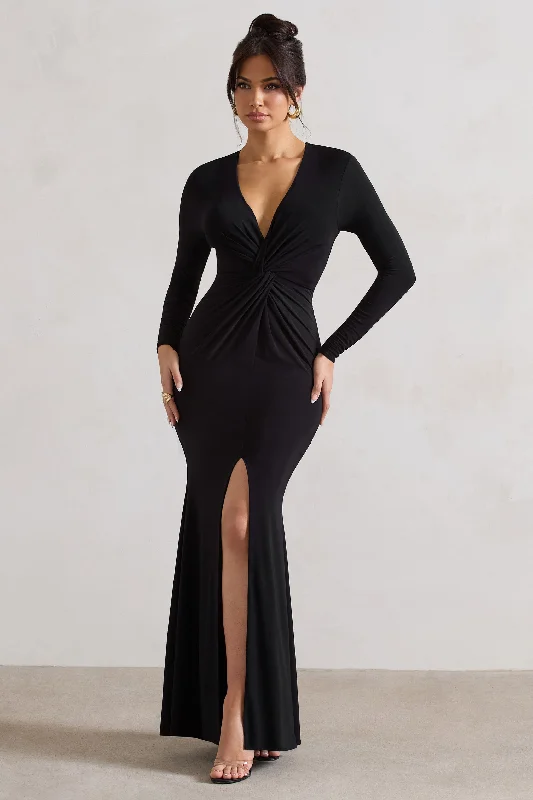 Empire Waist Women Dress to Accentuate the Bust and Conceal the WaistTianna | Black Plunge-Neck Twisted Split Maxi Dress