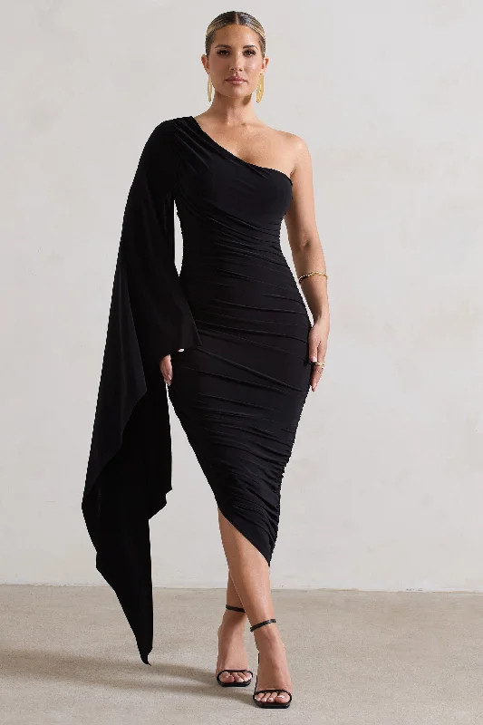 Plus Size Women Dress with a Flattering A - Line Cut for Comfort and StyleHalsey | Black Ruched One Shoulder Cape Sleeve Asymmetric Midi Dress