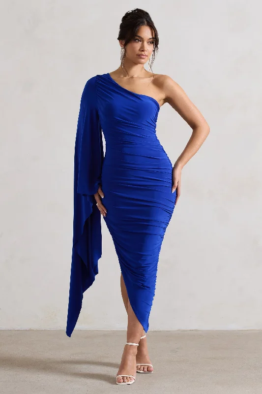 Sleeveless Women Dress in Bright Colors for Summer PartiesHalsey | Royal Blue Ruched One Shoulder Asymmetric Midi Dress