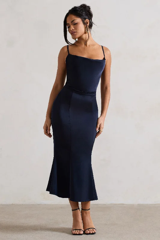 Wrap - Style Women Dress with Adjustable Fit for All Body TypesJust A Moment | Navy Satin Cowl-Neck Midi Dress With Tie Waist