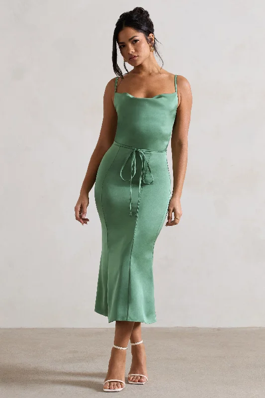 Ruffled Women Dress with Multiple Layers for a Playful and Girly StyleJust A Moment | Soft Green Satin Cowl-Neck Midi Dress With Tie Waist