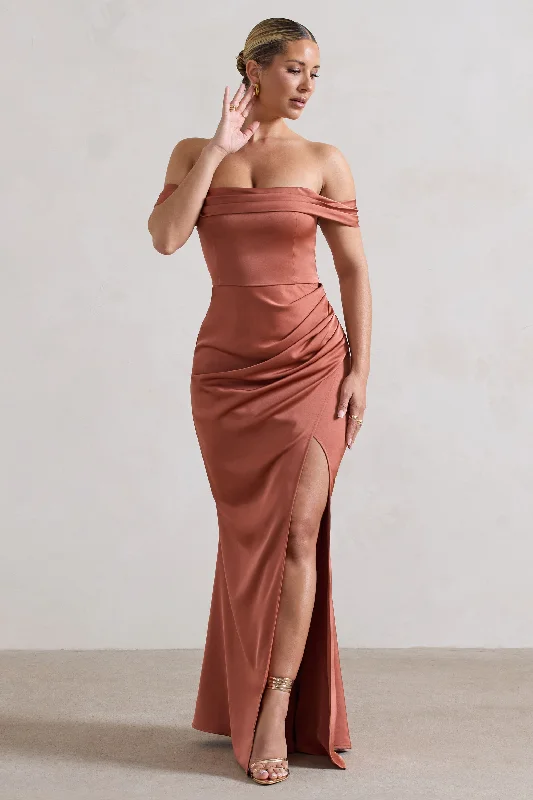 Mini Women Dress with a Short Hem for a Young and Trendy StyleKatia | Rust Satin Bardot Fishtail Maxi Dress