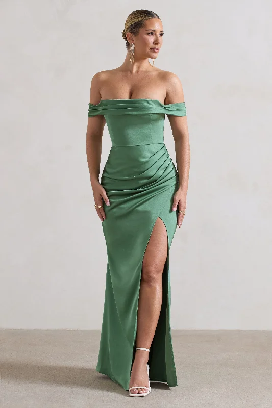 Pleated Women Dress with a Timeless and Elegant TextureKatia | Soft Green Satin Bardot Fishtail Maxi Dress