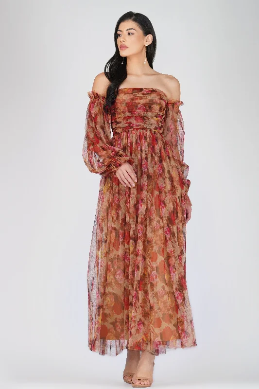 Pleated Women Dress with a Timeless and Elegant TextureLana Brown Floral Tulle Dress