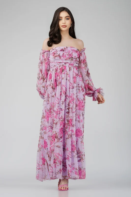 Maxi Women Dress with Floral Print for a Bohemian VibeLana Chiffon Printed Dress in Lavender