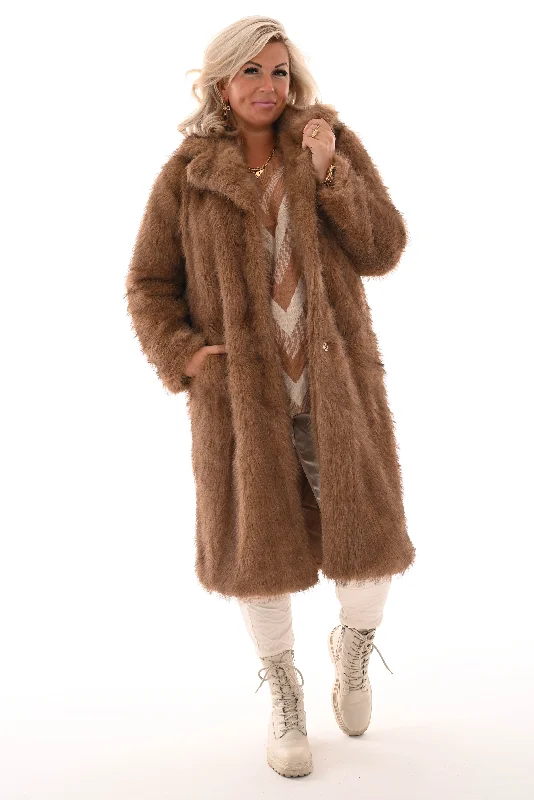 Women's Notched Lapel Blazers in Beige for a Timeless OutfitLange jas faux fur gemixt camel