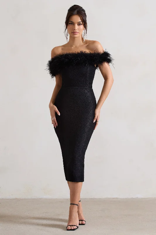 Long - Sleeve Women Dress in Velvet for a Luxurious Winter LookMaiden | Black Lace Bardot Midi Dress With Feather Trim