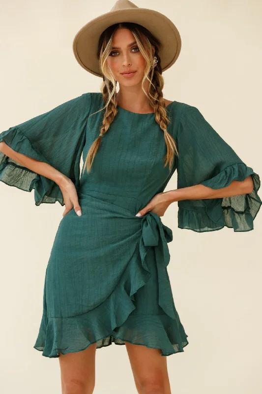 Long - Sleeve Women Dress in Velvet for a Luxurious Winter LookMake It Happen Flared Sleeve Ruffle Trim Dress Green