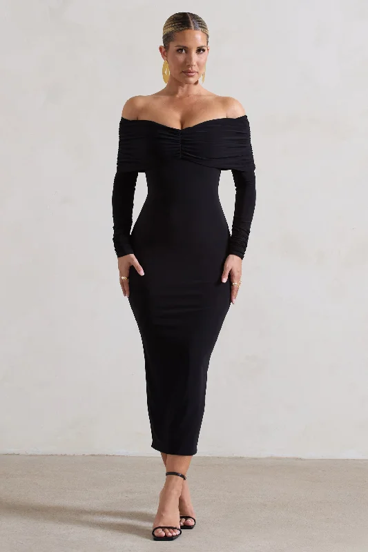 Pleated Women Dress with a Timeless and Elegant TextureMarcella | Black Bodycon Bardot Midi Dress