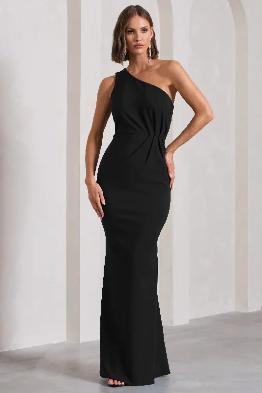 Plus Size Women Dress with a Flattering A - Line Cut for Comfort and StyleMichelle | Black One-Shoulder Gathered Maxi Dress