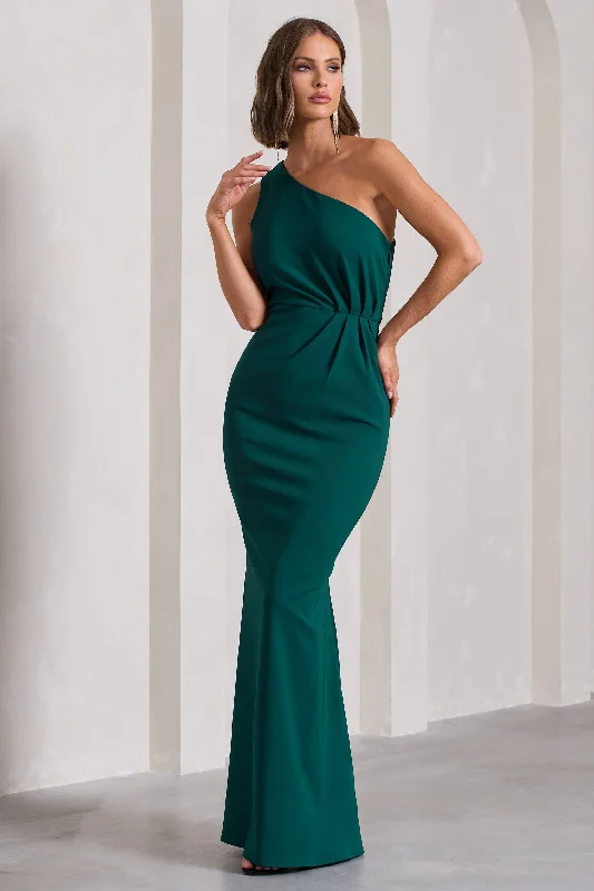 Ball Gown Women Dress with a Full Skirt for a Princess - like LookMichelle | Bottle Green One-Shoulder Gathered Maxi Dress