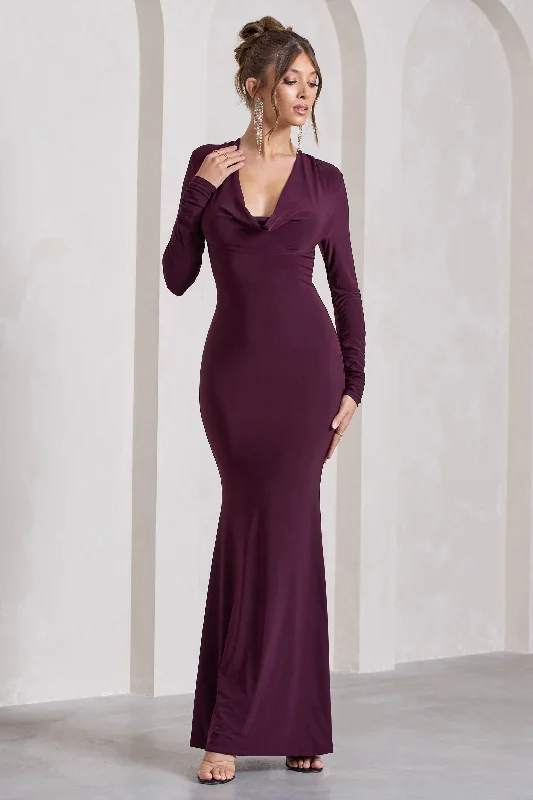 Pleated Women Dress with a Timeless and Elegant TextureMy Attention | Plum Plunge Cowl-Neck Long-Sleeve Maxi Dress