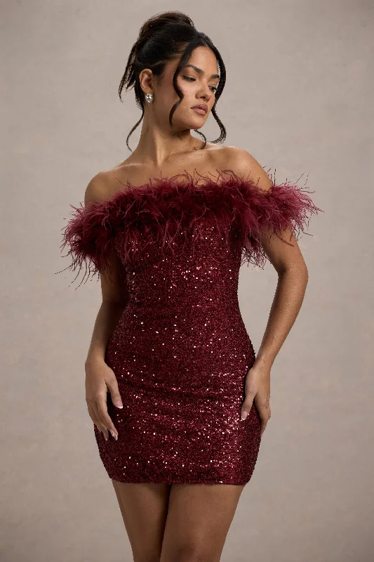 Little Black Women Dress with Sequins for a Glamorous Night OutNew Money | Burgundy Bodycon Sequin Mini Dress With Feather Trim