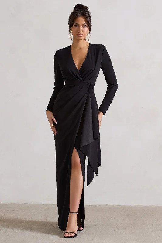 Shift Women Dress with a Simple and Classic Design for Everyday WearOdetta | Black Plunge-Neck Wrap Maxi Dress With Tie Waist