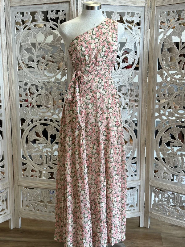 Sleeveless Women Dress in Bright Colors for Summer PartiesOne Sleeve Pink Floral Maxi Dress- Not Stretchy