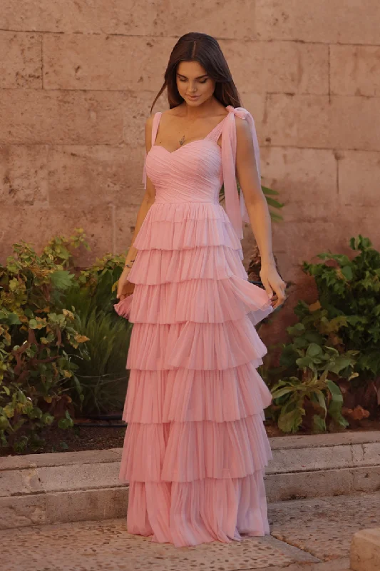 Ruffled Women Dress with Multiple Layers for a Playful and Girly StyleOphelia Pink Maxi Dress with Tie Detail