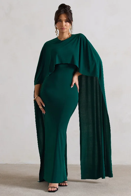 Empire Waist Women Dress to Accentuate the Bust and Conceal the WaistPadma | Bottle Green Draped Maxi Dress With Cape Sleeves