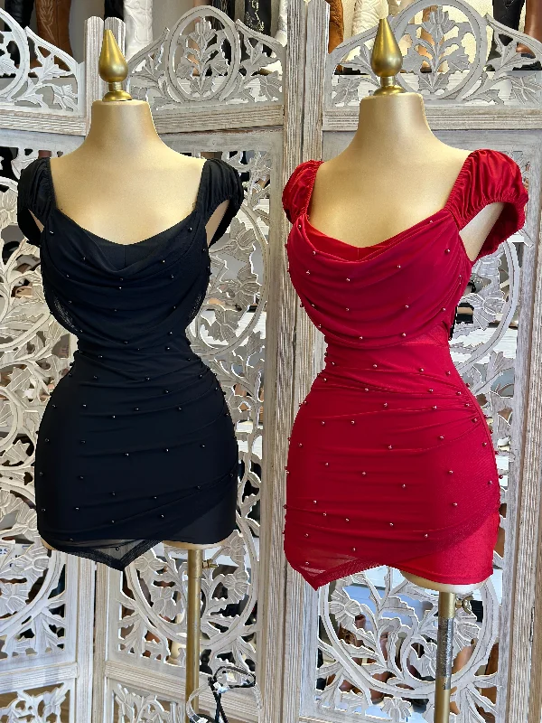 Halter Neck Women Dress to Show Off the Shoulders and NecklinePearl Mini Cowl Dress- Stretchy