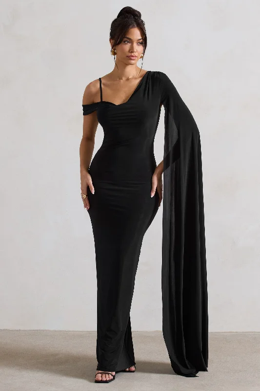 Plus Size Women Dress with a Flattering A - Line Cut for Comfort and StylePedra | Black One Shoulder Cape Sleeve Draped Maxi Dress