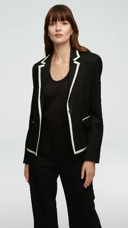 Women's Tailored Stretch Blazers in Navy Blue for Business MeetingsPiped Blazer in Seasonless Wool | Black/Ivory