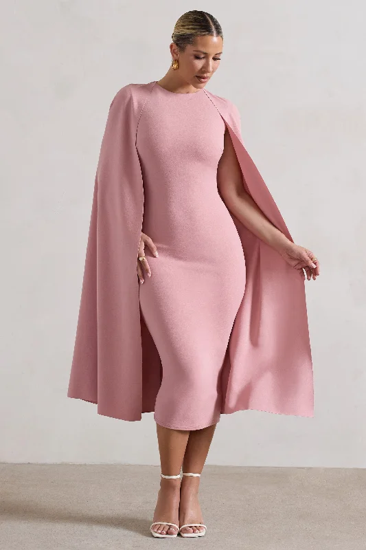 Long - Sleeve Women Dress in Velvet for a Luxurious Winter LookRafaela | Blush Pink Bodycon Midi Dress With Cape Sleeves