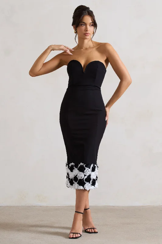 Lace - Embellished Women Dress for an Elegant and Sophisticated AppearanceRamona | Black Bodycon Sweetheart Midi Dress With Floral Trim