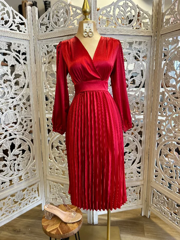 Shift Women Dress with a Simple and Classic Design for Everyday WearRed Satin Wrapped Pleated Dress- Not Stretchy