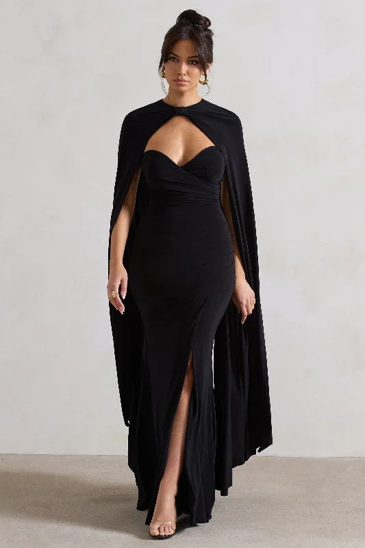 Off - the - Shoulder Women Dress for a Romantic and Feminine LookReign | Black Corset Wrap Maxi Dress With Cape