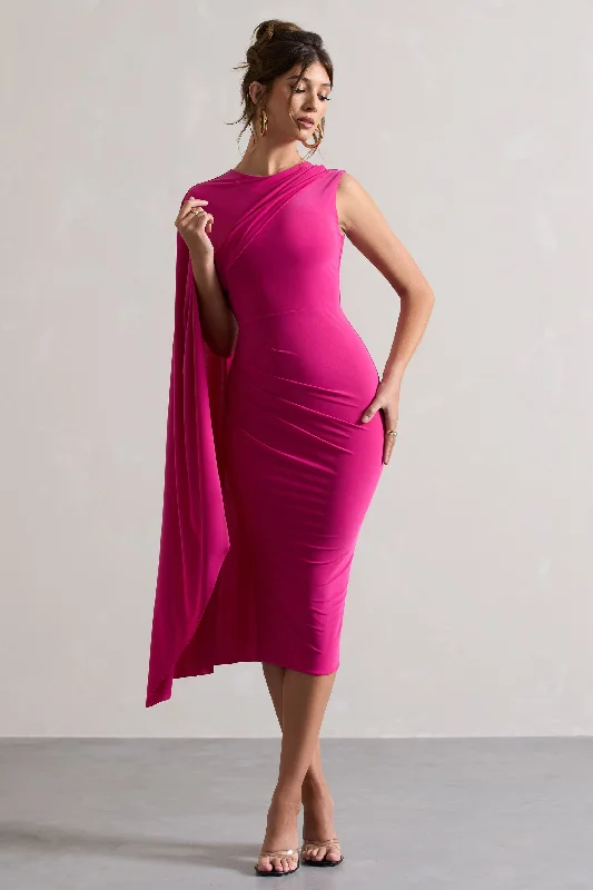 Ruffled Women Dress with Multiple Layers for a Playful and Girly StyleReveal | Dark Pink One-Sleeve Cape Midi Dress