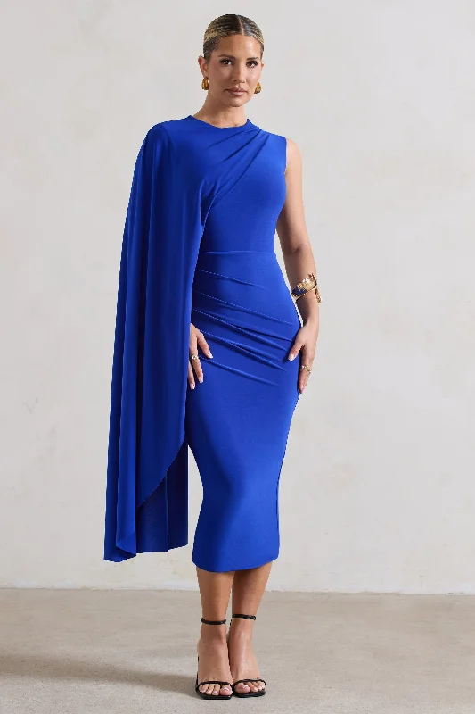 Mini Women Dress with a Short Hem for a Young and Trendy StyleReveal | Royal Blue One-Sleeve Cape Midi Dress