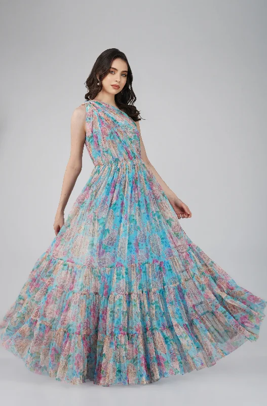 Empire Waist Women Dress to Accentuate the Bust and Conceal the WaistRoka Floral One Shoulder Maxi Dress in Blue