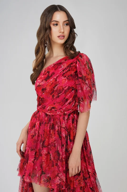 Pleated Women Dress with a Timeless and Elegant TextureRowena Red Pink Printed One Shoulder Maxi Dress