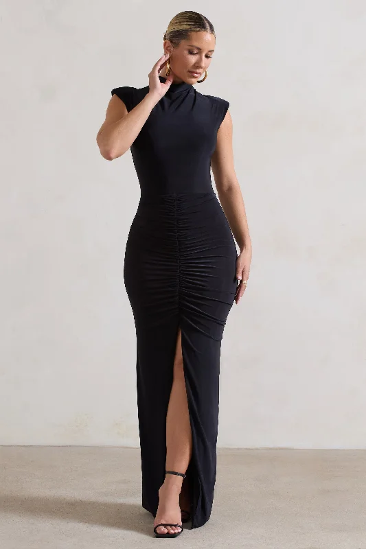 Empire Waist Women Dress to Accentuate the Bust and Conceal the WaistSamira | Black Ruched High-Neck Split Maxi Dress