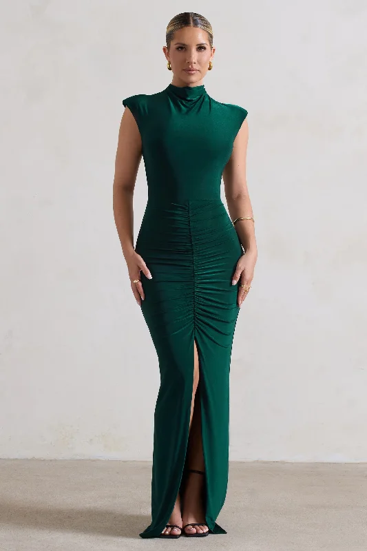 Little Black Women Dress with Sequins for a Glamorous Night OutSamira | Bottle Green Ruched High-Neck Split Maxi Dress