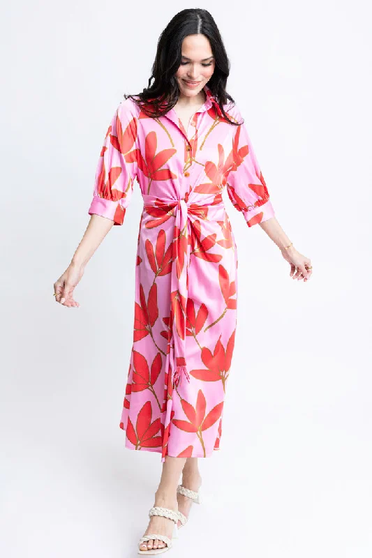 Printed Abstract Women Dress for a Modern and Artistic AppealSatin Palm Floral Shirt Dress