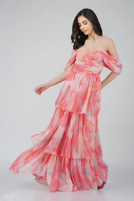 Ball Gown Women Dress with a Full Skirt for a Princess - like LookSydney Chiffon Maxi Dress in Coral Print