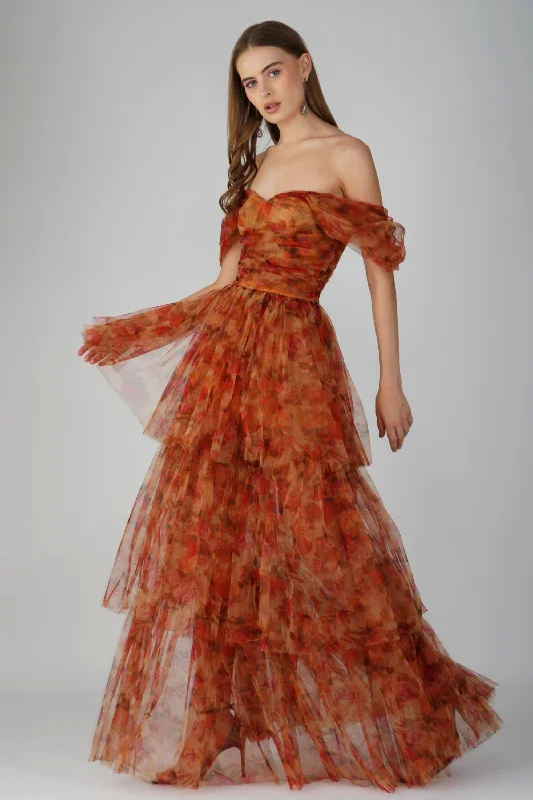 Ruffled Women Dress with Multiple Layers for a Playful and Girly StyleSydney Tulle Maxi Dress in Rose Floral