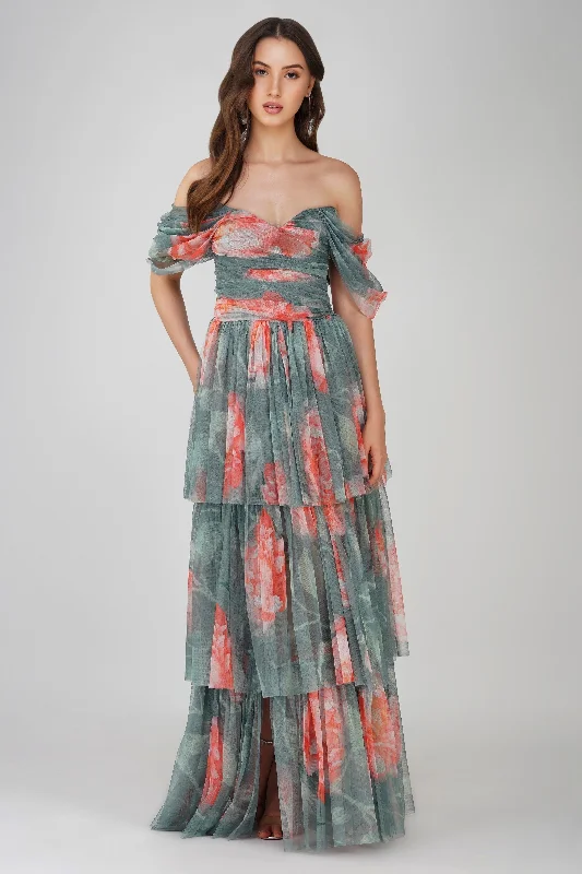 Pleated Women Dress with a Timeless and Elegant TextureSydney Tulle Maxi Dress in Sage Green Floral