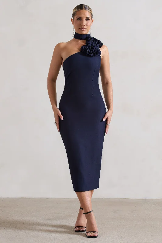 Ball Gown Women Dress with a Full Skirt for a Princess - like LookThe Soiree | Navy Bodycon Midi Dress With Ruffled Choker