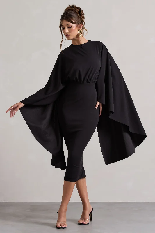 Pleated Women Dress with a Timeless and Elegant TextureTranquility | Black Gathered Midi Dress With Cape