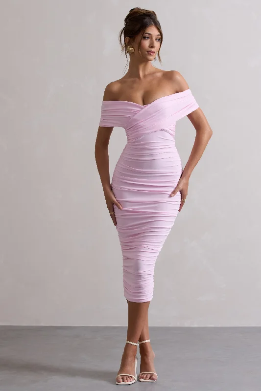 Long - Sleeve Women Dress in Velvet for a Luxurious Winter LookUnwrapped | Pink Ruched Twist Bardot Midi Dress