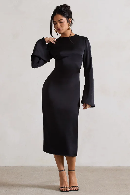 Mermaid - Style Women Dress with a Fitted Silhouette for Special OccasionsZaina | Black Long Sleeve Midi Dress with High Neckline